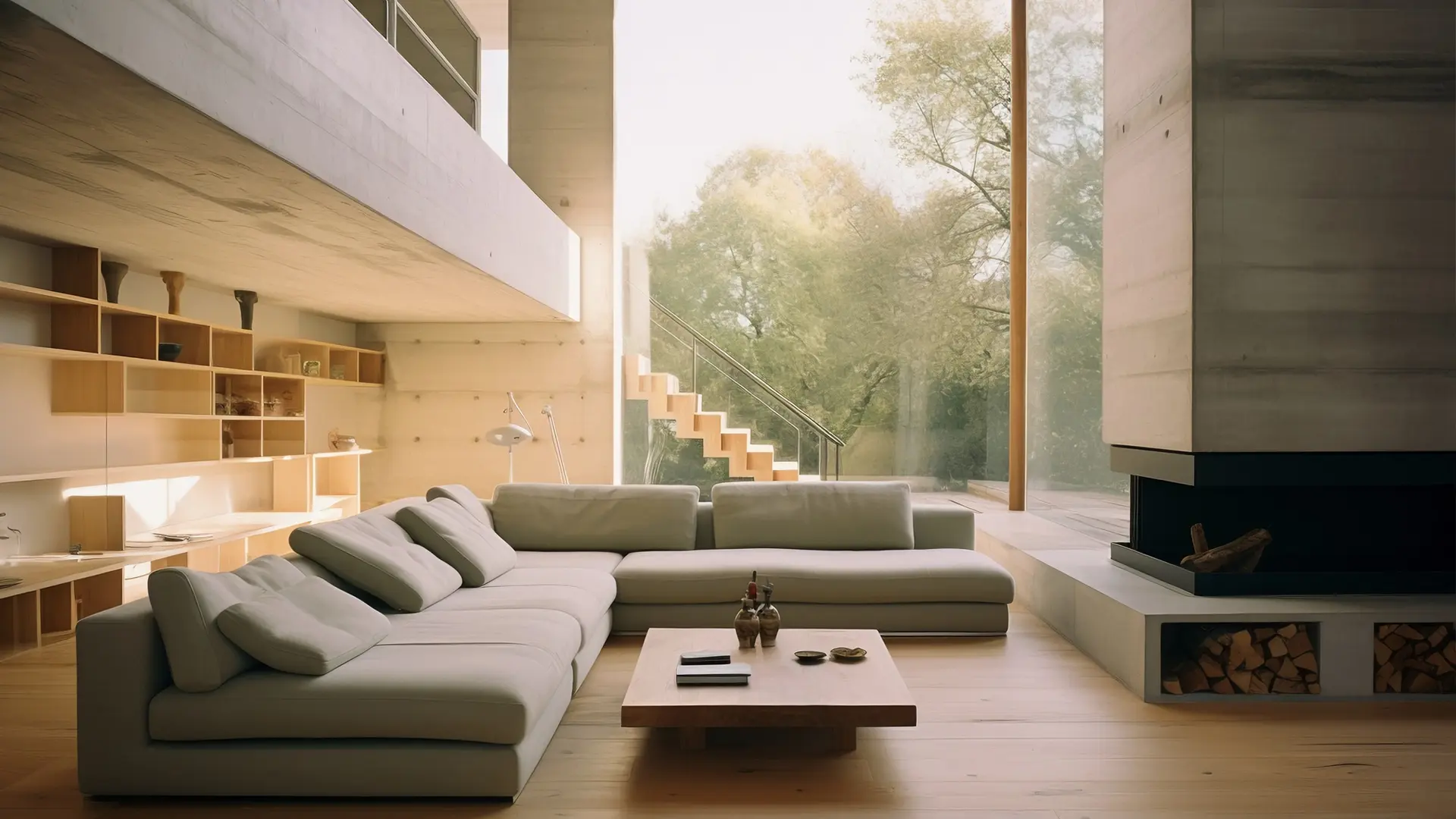 Salón confortable con un sofá enorme y mucha luz